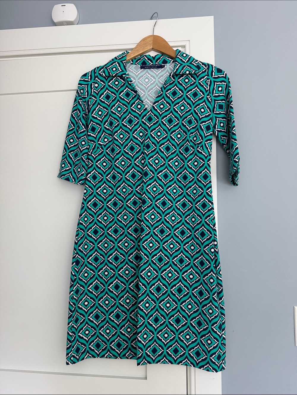 Katherine Way Teal & White Geometric V-Neck Midi Dress